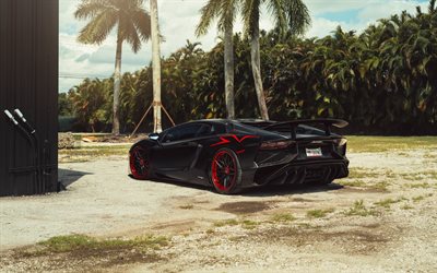Lamborghini Aventador SuperVeloce, rear view, exterior, black supercar, black Aventador SV, supercars, Lamborghini