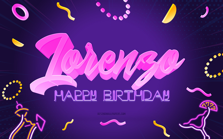 お誕生日おめでとうロレンツォ, 4k, 紫のパーティーの背景, ロレンツォ, クリエイティブアート, ロレンツォお誕生日おめでとう, ロレンツォ名, ロレンツォの誕生日, 誕生日パーティーの背景