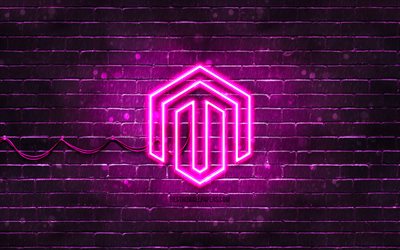 magentoの紫色のロゴ, 4k, 紫のレンガの壁, magentoのロゴ, ブランド, magentoネオンロゴ, magento