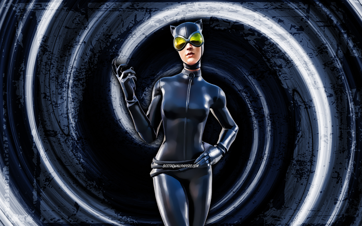 4k, Catwoman, blue grunge background, Fortnite, vortex, Fortnite characters, Catwoman Skin, Fortnite Battle Royale, Catwoman Fortnite