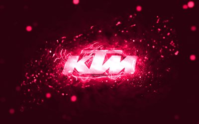 KTM pink logo, 4k, pink neon lights, creative, pink abstract background, KTM logo, brands, KTM