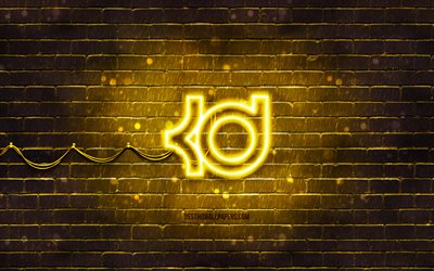 logo kevin durant giallo, 4k, muro di mattoni gialli, logo kevin durant, stelle del basket, logo neon kevin durant, kevin durant