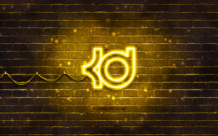 kevin durant gul logotyp, 4k, gul tegelv&#228;gg, kevin durant logotyp, basketstj&#228;rnor, kevin durant neon logotyp, kevin durant