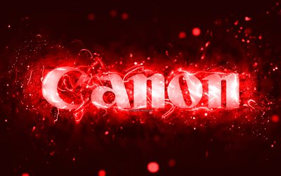 Canon red logo, 4k, red neon lights, creative, red abstract background, Canon logo, brands, Canon