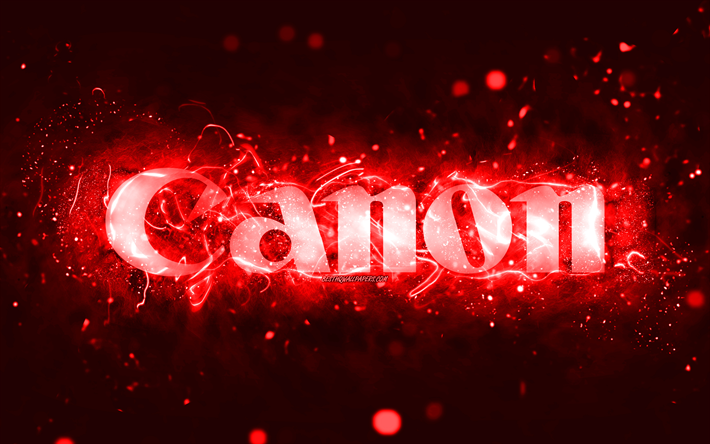 logotipo rojo de canon, 4k, luces de ne&#243;n rojas, creativo, fondo abstracto rojo, logotipo de canon, marcas, canon