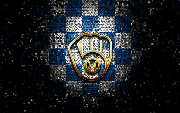 emblema milwaukee brewers, logo glitter, mlb, sfondo a scacchi bianco blu, squadra di baseball americana, major league baseball, arte del mosaico, baseball, milwaukee brewers