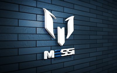 Lionel Messi 3D logo, 4K, football stars, blue brickwall, Leo Messi, creative, music stars, Lionel Messi logo, 3D art, Messi logo, Lionel Messi