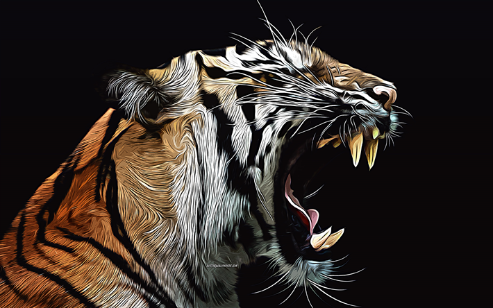 虎, 4k, ベクトルアート, 虎の絵, クリエイティブアート, タイガーアート, ベクトル描画, 抽象的な動物, 怒り, 野生動物, 猛烈な虎