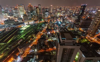 Umeda Sky Tower, Osaka, G&#246;kdelenler, gece, metropolis, şehir ışıkları, Japonya