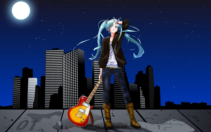 Hatsune Miku, guitar, nightscape, manga, Vocaloid
