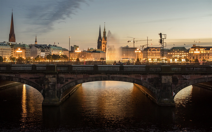 Hamburgo, puente, noche, luces de la ciudad, Alemania, horizonte urbano