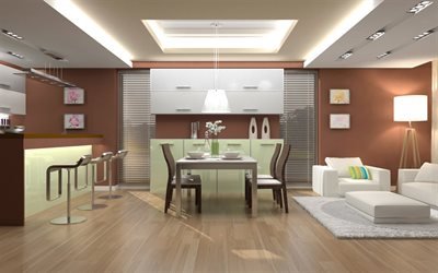 modern stylish kitchen interior, brown walls, stylish furniture, minimalism, interior design, kitchen