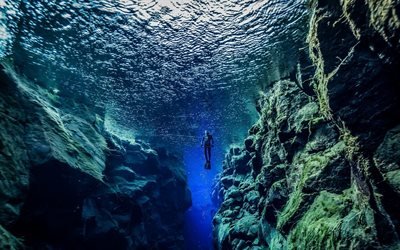 Island, dykning, vattnet, stenar, dykare