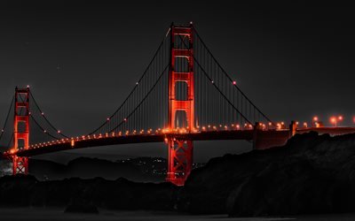 4k, Golden Gate K&#246;pr&#252;s&#252;, ABD, red bridge, San Francisco, nightscapes, Amerika