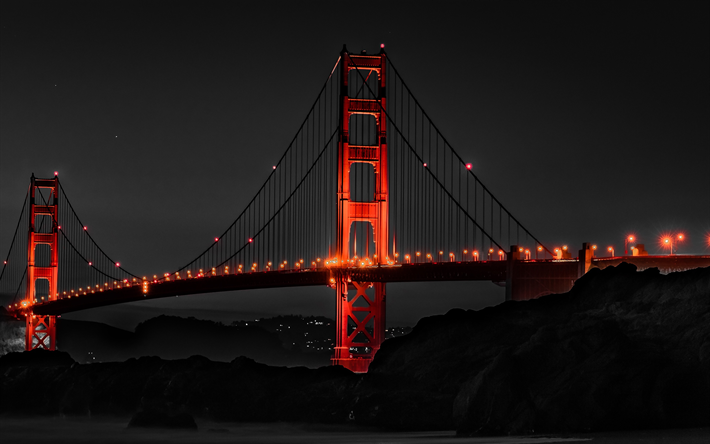 4k, Puente Golden Gate, estados UNIDOS, puente rojo, San Francisco, paisajes nocturnos, estados unidos