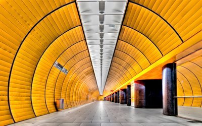 Munich, yellow metro station, yellow tunnel, modern architecture, Germany