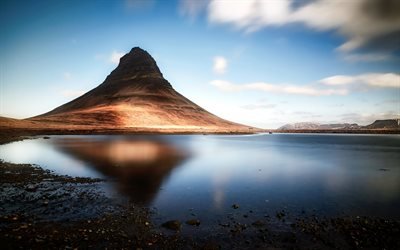 Kirkjufell Mount, lake, mountains, Icelandic landmarks, Europe, Kirkjufell, Iceland