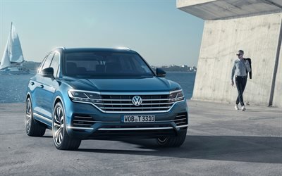 Volkswagen Touareg, 2018, TDI, vista de frente, azul nuevo Touareg, alem&#225;n SUV de lujo, Volkswagen