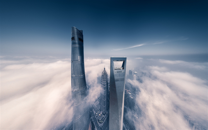 Shanghai, molnen, stadsbilder, moderna byggnader, skyskrapor, Kina, Asien