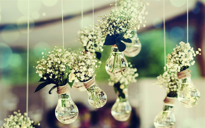 زينة الزفاف, الطرف, زنابق الوادي, الإبداعية المزهريات, المصابيح الكهربائية مع الماء, الزهور في camomiles, الزفاف, زخارف نباتية