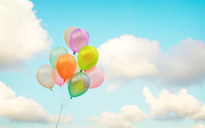 colorful balloons, blue sky, white clouds, bunch of balloons, holiday