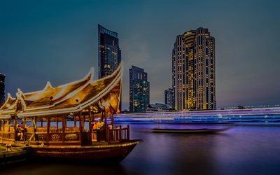 Bangkok, modern buildings, nightscapes, boats, Thailand, Asia