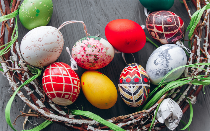 Easter eggs, painted eggs, spring, cinnamon, wooden background, nest