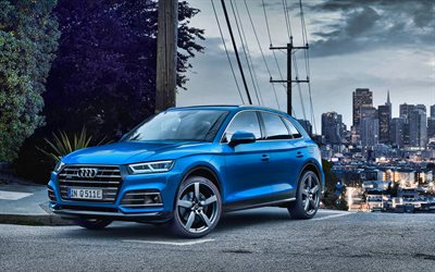 Audi Q5, 4k, street, 2019 autot, jakosuotimet, sininen Audi Q5, saksan autoja, 2019 Audi Q5, Audi