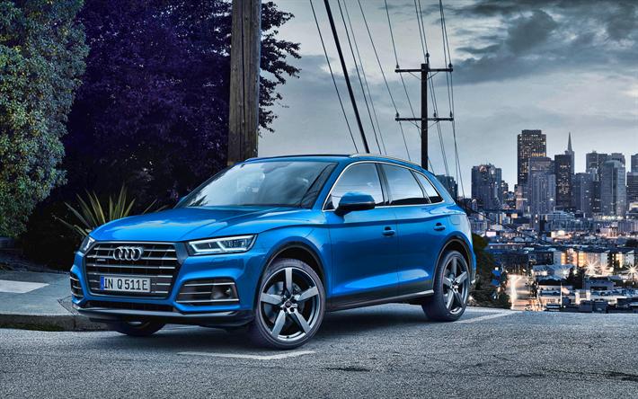 Audi Q5, 4k, via, 2019 auto, crossover, blu Audi Q5, auto tedesche, 2019 Audi Q5, Audi