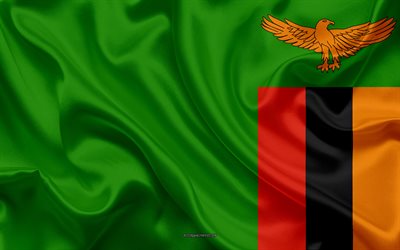 Bandera de Zambia, 4k, seda textura, Zambia, bandera, s&#237;mbolo nacional, bandera de seda