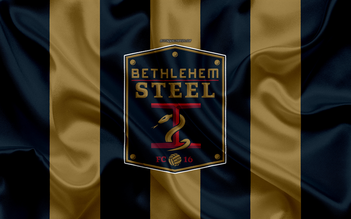 Betlehem Steel FC, 4K, Amerikansk football club, logotyp, r&#246;d svart guld flagga, Betlehem Steel emblem, USL Championship, Chester, Pennsylvania, USA, siden konsistens, fotboll
