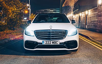 Mercedes-AMG S63, 4k, headlights, 2019 cars, W222, luxury cars, front view, white W222, Mercedes-Benz S-class, german cars, Mercedes