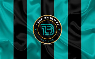 Austin Bold FC, 4K, American football club, logo, turquoise black flag, Austin Bold emblem, USL Championship, Austin, Texas, USA, silk texture, soccer