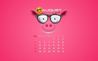 De agosto de 2019 Calendario, 4k, de verano, de color rosa cerdito, 2019 calendario, de agosto de 2019, creativo, piggy con sol, de agosto de 2019 calendario con el cerdo, el Calendario de agosto de 2019, fondo rosa, 2019 calendarios