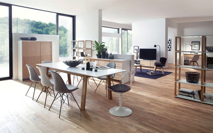 interni eleganti, soggiorno, sala da pranzo, arredamento di design, il minimalismo, il bianco delle pareti