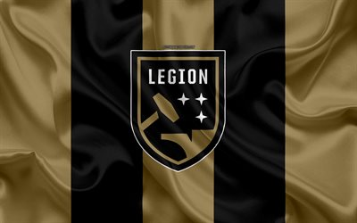 Birmingham Legion FC, 4K, Amerikan Futbol Kul&#252;b&#252;, logo, altın siyah bayrak, Birmingham Lejyon amblemi, USL Şampiyonası, Birmingham, Alabama, ABD, ipek doku, futbol