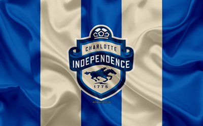 Charlotte Independence, 4K, American football club, logo, golden blue flag, tunnus, USL Mestaruuden, Charlotte, Pohjois-Carolina, USA, silkki tekstuuri, jalkapallo
