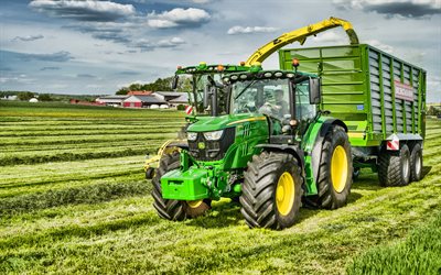 John Deere 6155R, harvesting hay, 2019 tractors, 6R Series Tractor, agricultural machinery, harvest, green tractor, HDR, agriculture, tractor in the field, John Deere