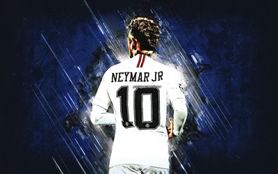Neymar JR, blue stone, back view, PSG, brazilian footballers, Ligue 1, Paris Saint-Germain, football stars, grunge, Neymar, soccer, Neymar PSG, France