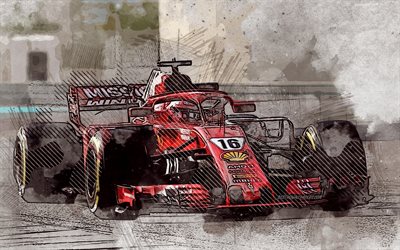 Charles Leclerc, Formel 1, grunge stil, kreativ konst, Scuderia Ferrari, 2019, Ferrari SF90, Monegaskiska racerf&#246;rare, F1, racing bil, Leclerc, Ferrari