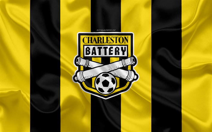 Charleston Battery, 4K, American football club, logo, yellow black flag, emblem, USL Championship, Charleston, South Carolina, USA, silk texture, soccer