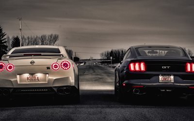 Nissan GT-R vs Ford Mustang, 4k, street racing, 2019 bilar, supercars, Nissan GT-R, R35, Ford Mustang, amerikanska bilar, Nissan vs Ford