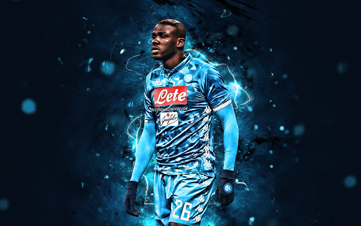 Kalidou Koulibaly, close-up, Napoli FC, Senegalese footballers, Serie A, soccer, Koulibaly, football, neon lights, Italy