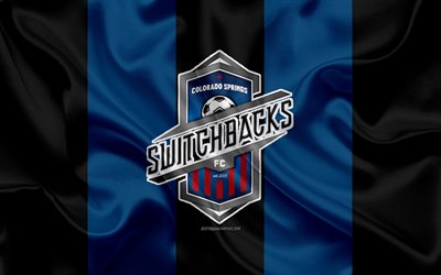 Colorado Springs FC, 4K, Americano futebol clube, logo, azul-black flag, emblema, USL Campeonato, Colorado Springs, Colorado, EUA, textura de seda, futebol