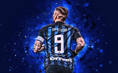 4k, Mauro Icardi, back view, Internazionale FC, football stars, argentine footballers, Serie A, Icardi, football, soccer, Italy, neon lights, Inter Milan FC, Icardi back view