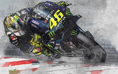 Valentino Rossi, 2019, Yamaha Motor Racing, MotoGP, grunge konst, kreativ konst, italiensk motorcykel racer, Yamaha YZR-M1, - banan, Yamaha