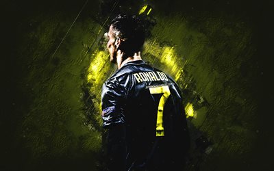 Cristiano Ronaldo, Portuguese soccer player, Juventus FC, black uniform, CR7, football star, Serie A, Italy, football, yellow stone background
