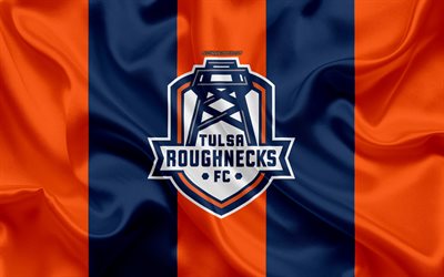 Tulsa Roughnecks FC, 4K, American football club, logo, orange, bleu, drapeau, embl&#232;me, LSU Championnat, Tulsa, Oklahoma, &#233;tats-unis, la texture de la soie, de soccer
