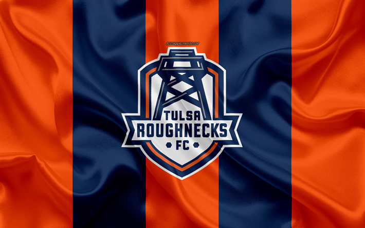 タルサRoughnecks FC, 4K, アメリカのサッカークラブ, ロゴ, オレンジブルーフラッグ, エンブレム, USL選手権, タルサ, オクラホマ州の, 米国, シルクの質感, サッカー