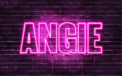 Angie, 4k, wallpapers with names, female names, Angie name, purple neon lights, horizontal text, picture with Angie name